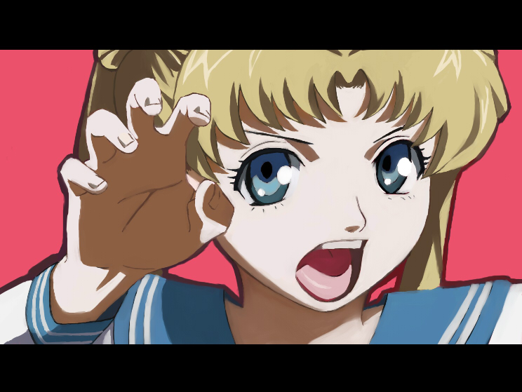 nako, nako (nonrain), umetsu yasuomi, ikue ogawa, ogawa ikue, tsukino usagi, bishoujo senshi sailor moon, joshi kousei, bad id, bad pixiv id, 1girl, blonde hair, blue eyes, blue sailor collar, claw pose, female focus, parody, sailor collar, school uniform, serafuku, solo, tongue, twintails