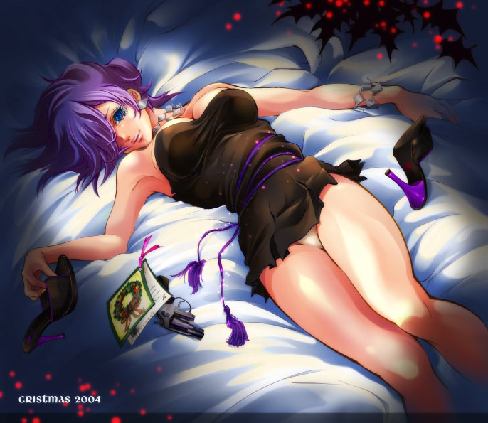 chitose (love strip), trish una, jojo no kimyou na bouken, vento aureo, 1girl, 2004, armpits, blue eyes, bracelet, breasts, christmas, cleavage, dated, earrings, female focus, gun, high heels, jewelry, large breasts, lying, necklace, panties, pink hair, shoes, solo, underwear, weapon