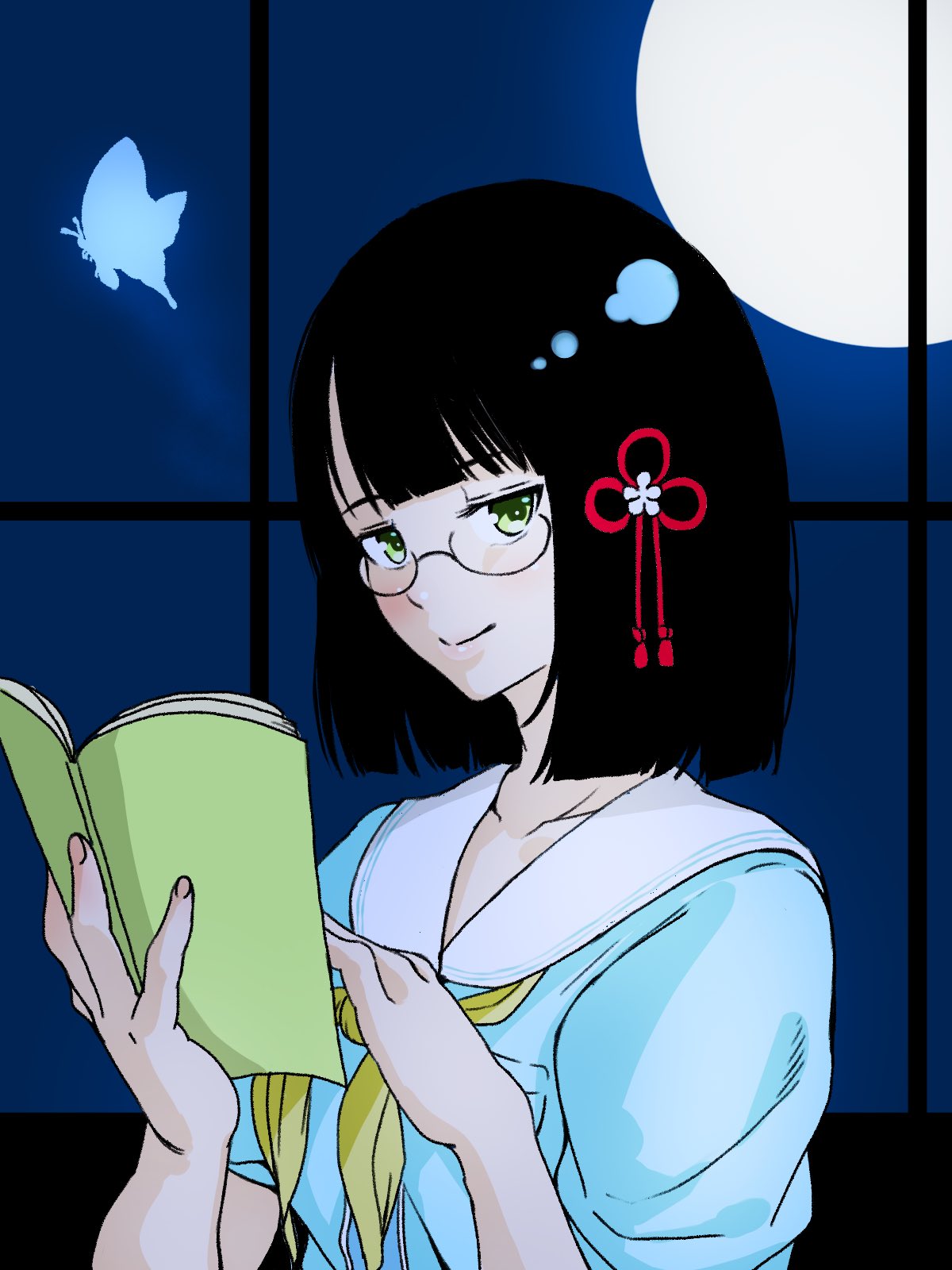 munage siro, momose ginko, link! like! love live!, love live!, commentary request, highres, 1girl, black hair, blue dress, blunt bangs, blunt ends, bob cut, book, breast pocket, bug, butterfly, closed mouth, collarbone, dress, flower, flower knot, full moon, glasses, hair flower, hair ornament, hasu no sora school uniform, holding, holding book, insect, looking at viewer, moon, open book, pocket, sailor collar, sailor dress, school uniform, semi-rimless eyewear, short hair, short sleeves, smile, solo, split mouth, summer uniform, under-rim eyewear, upper body, virtual youtuber, white flower, white sailor collar