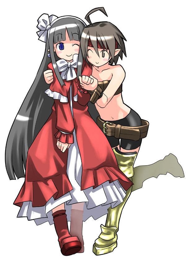 matsumoto tomoki, white arts, female warrior (disgaea), mage (disgaea), warrior (disgaea), disgaea, 2girls, ahoge, bandeau, belt, belt bra, belt skirt, bike shorts, holding hands, hug, long hair, multiple girls, simple background, very long hair, white background