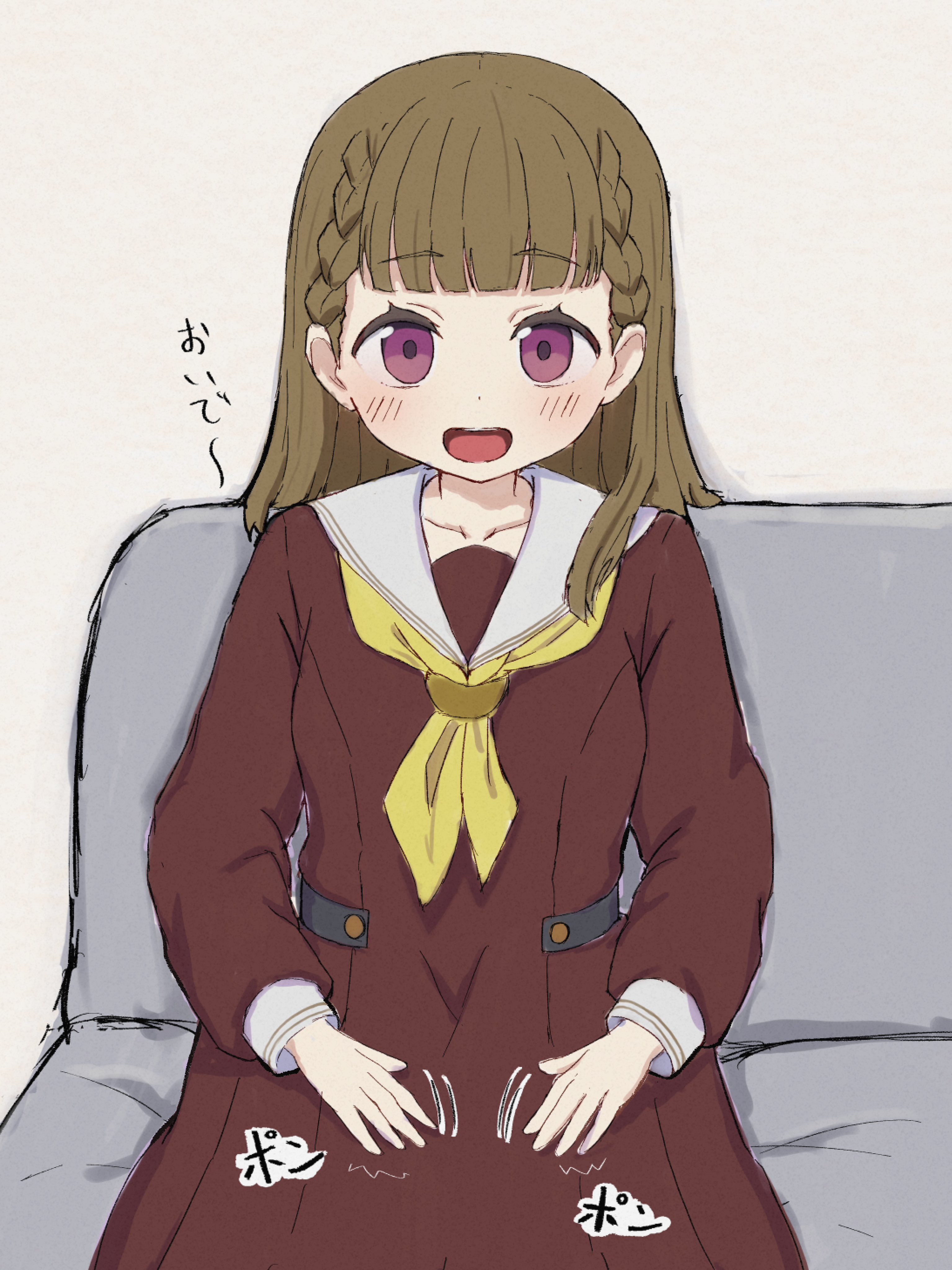 yakume komata, kachimachi kosuzu, link! like! love live!, love live!, absurdres, commentary request, highres, translation request, 1girl, :d, braid, brown dress, brown hair, center-flap bangs, couch, dress, hasu no sora school uniform, lap pillow invitation, long hair, long sleeves, looking at viewer, neckerchief, on couch, open mouth, patting lap, pink eyes, sailor collar, sailor dress, school uniform, side braids, simple background, sitting, smile, solo, sound effects, virtual youtuber, white background, white sailor collar, yellow neckerchief