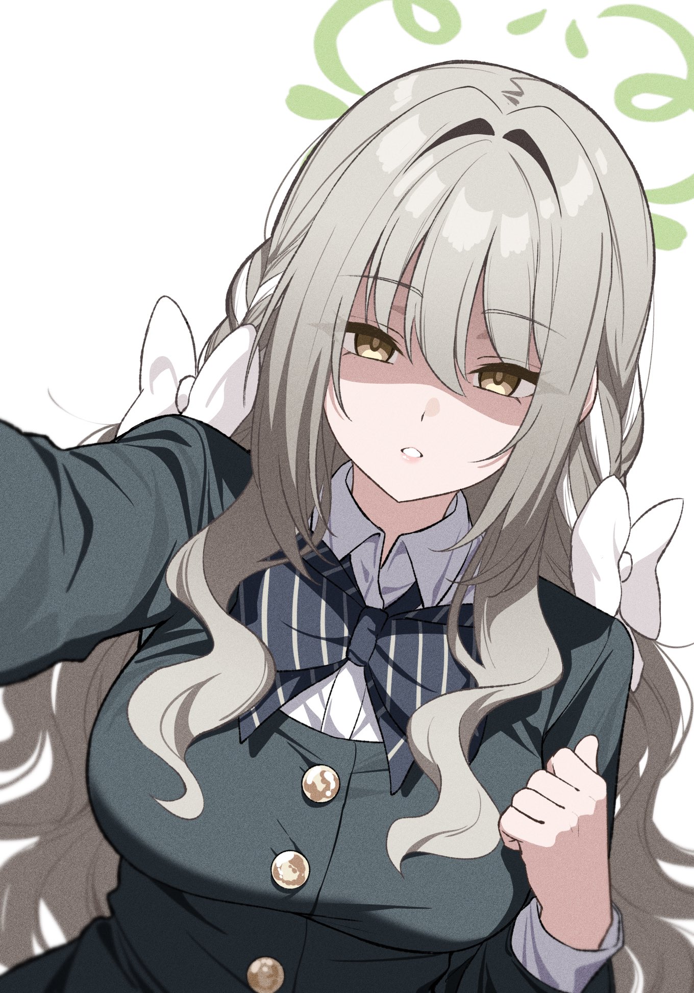 reia 76, miyo (blue archive), blue archive, highres, 1girl, black coat, bow, braid, breasts, brown eyes, brown hair, buttons, coat, green halo, hair between eyes, hair bow, hair intakes, halo, large breasts, long hair, long sleeves, looking at viewer, outstretched arm, partially shaded face, side braids, simple background, solo, white background, white bow