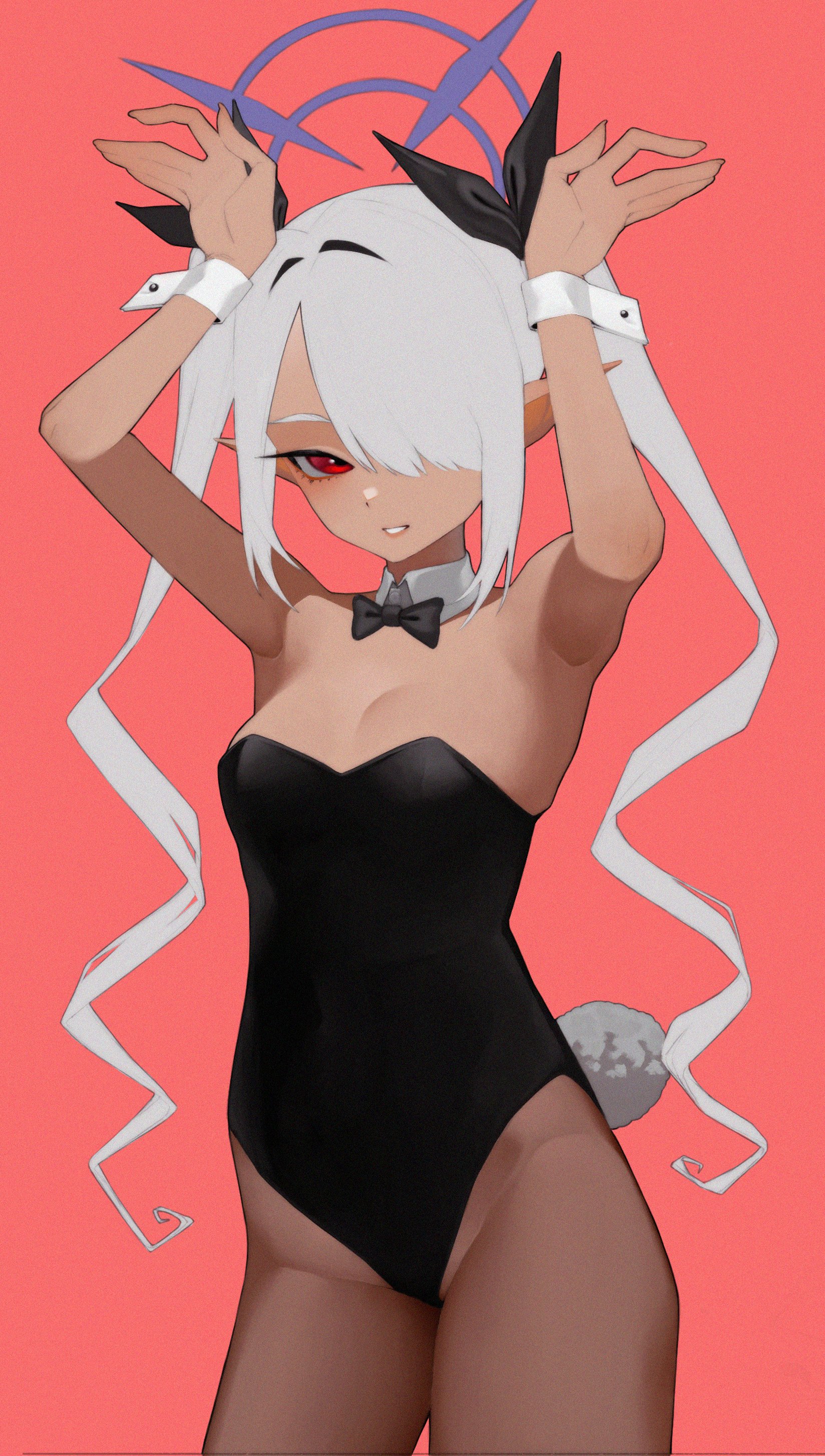 anemoneeanemone, iori (blue archive), blue archive, absurdres, highres, 1girl, alternate costume, animal ears, armpits, arms up, bare arms, bare shoulders, black bow, black bowtie, black leotard, black pantyhose, black ribbon, bow, bowtie, breasts, cowboy shot, dark-skinned female, dark skin, detached collar, fake animal ears, grey hair, hair over one eye, hair ribbon, halo, highleg, highleg leotard, leotard, long hair, long pointy ears, looking at viewer, one eye covered, pantyhose, parted lips, playboy bunny, pointy ears, rabbit ears, rabbit pose, rabbit tail, red background, red eyes, ribbon, simple background, small breasts, smile, solo, strapless, strapless leotard, tail, twintails, very long hair, wrist cuffs