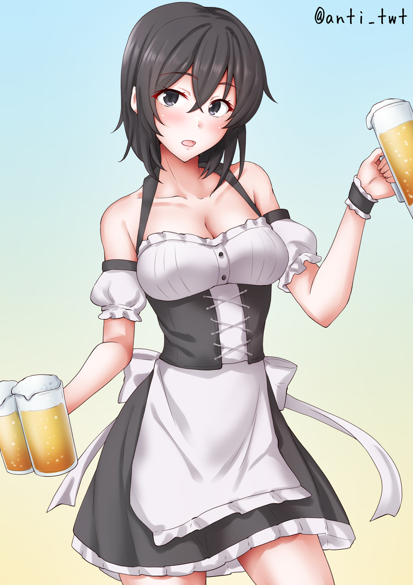 anti (untea9), akitsu maru (kancolle), kantai collection, highres, 1girl, alcohol, alternate costume, barmaid, beer, beer mug, black dress, black hair, blue background, blush, breasts, cleavage, corset, cup, detached sleeves, dirndl, dress, framed breasts, german clothes, gradient background, large breasts, looking at viewer, mug, oktoberfest, short hair, smile, solo, yellow background