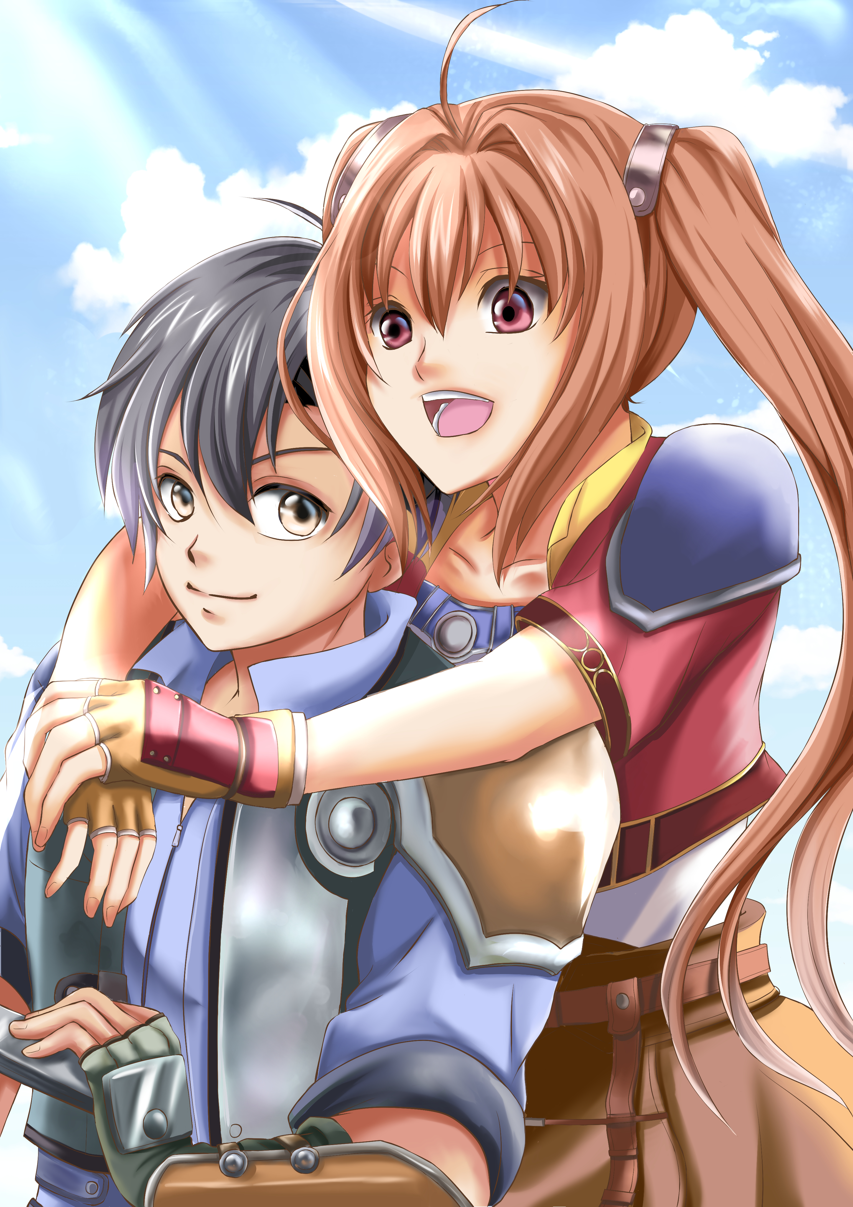 estelle bright, joshua bright, eiyuu densetsu, sora no kiseki, absurdres, highres, 1boy, 1girl, ahoge, armor, black gloves, blue sky, brown gloves, closed mouth, cloud, cropped jacket, double-parted bangs, fingerless gloves, floating hair, gloves, hair between eyes, hair intakes, harmonica, holding, holding instrument, instrument, light rays, long hair, open mouth, parted bangs, pauldrons, red eyes, short sleeves, shoulder armor, sidelocks, single pauldron, sky, smile, sunbeam, sunlight, takuno y, twintails, yellow eyes