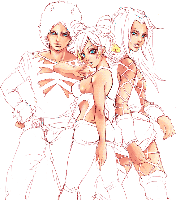 chitose (love strip), chitose (love☆strip), kuujou jolyne, narciso anasui, weather report, jojo no kimyou na bouken, stone ocean, 1girl, 2boys, belt, blue eyes, breasts, double bun, hair bun, hat, medium breasts, multiple boys, sideboob