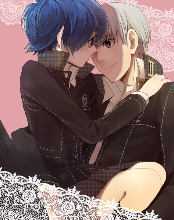 darao, dro, narukami yu, shirogane naoto, atlus, persona, persona 4, bad id, bad pixiv id, 1boy, blue hair, gakuran, houndstooth, hug, school uniform, serafuku, short hair, skirt