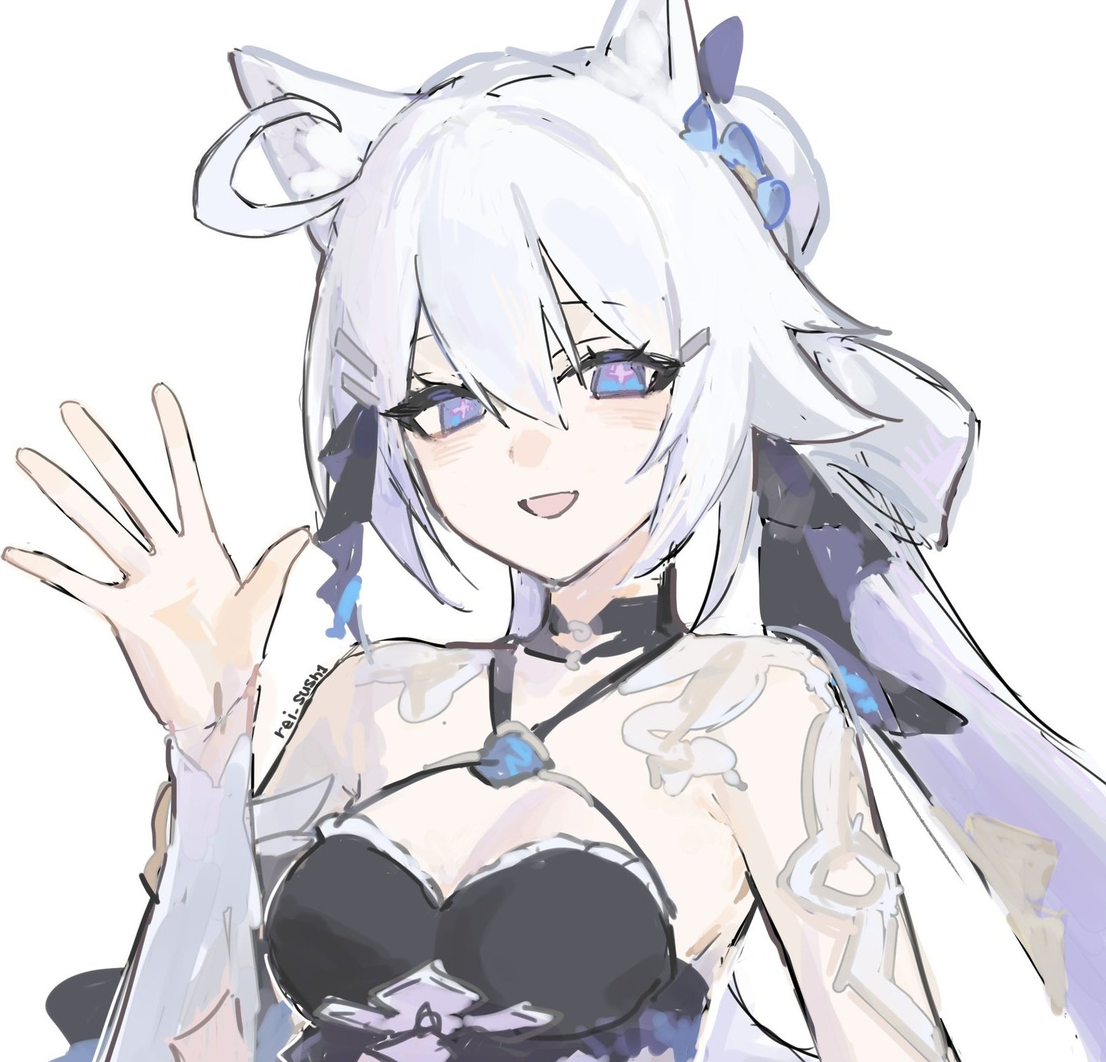 rei sush, kiana kaslana, kiana kaslana (herrscher of finality), kiana kaslana (selenic ripples), honkai (series), honkai impact 3rd, highres, 1girl, ahoge, animal ear fluff, animal ears, breasts, cat ears, diamond-shaped pupils, diamond (shape), hair ornament, long hair, looking at viewer, multicolored eyes, star-shaped pupils, star (symbol), swimsuit, symbol-shaped pupils, upper body, very long hair, waving, white background, white hair