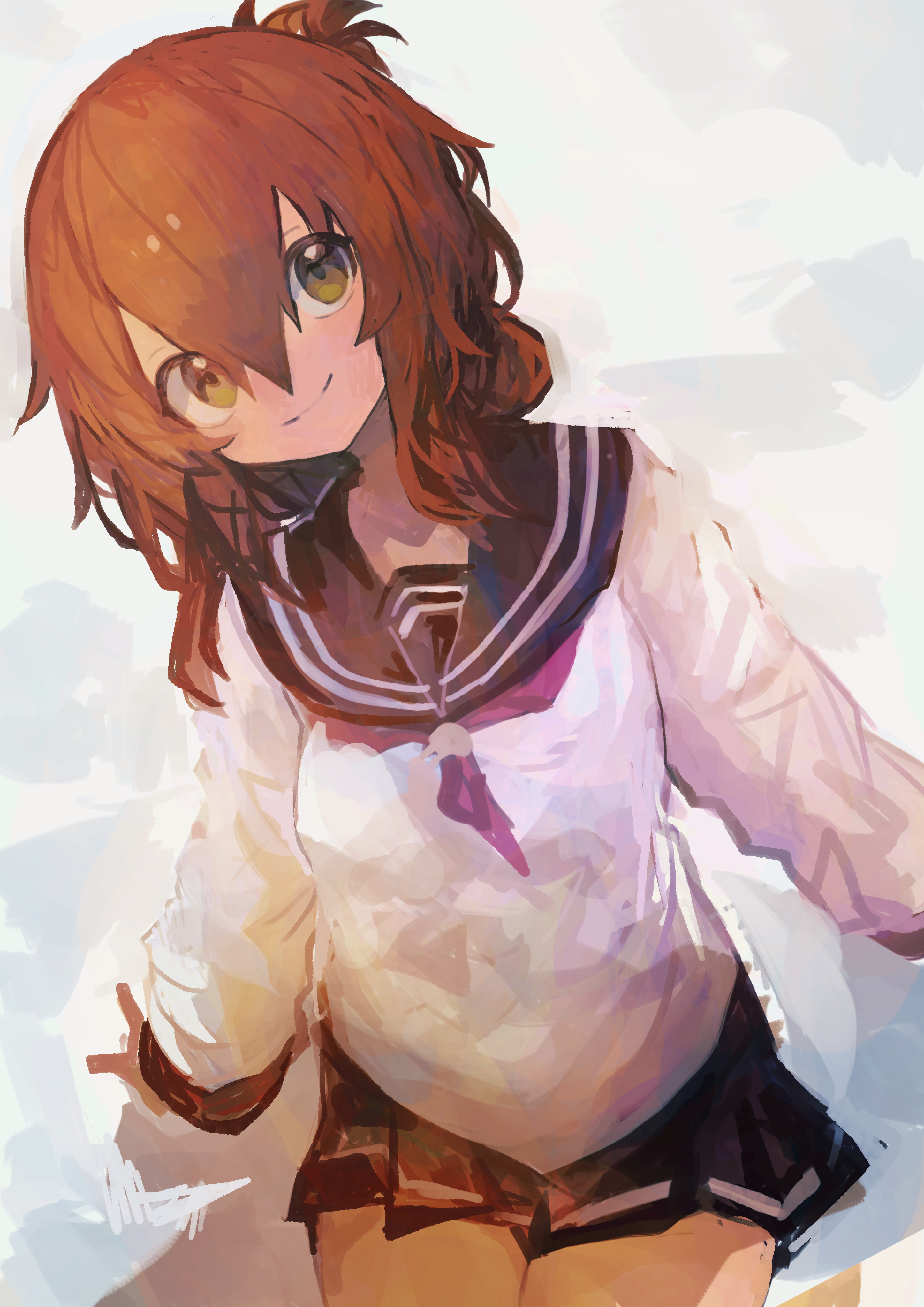 kaamin (mariarose753), inazuma (kancolle), kantai collection, absurdres, commentary, highres, 1girl, black sailor collar, black skirt, brown eyes, brown hair, cowboy shot, folded ponytail, hair between eyes, long sleeves, looking at viewer, neckerchief, pleated skirt, red neckerchief, sailor collar, school uniform, serafuku, skirt, smile, solo