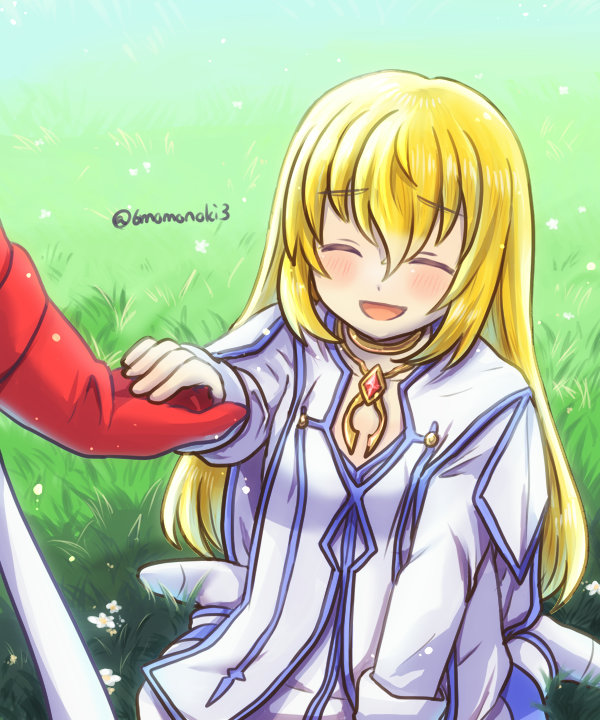 colette brunel, lloyd irving, tales of (series), tales of symphonia, 6momonoki3, ankle boots, blonde hair, blue trim, boots, chest jewel, closed eyes, dress, gloves, gold choker, grass, holding hands, jacket, long hair, long sleeves, on ground, open mouth, reaching, reaching towards another, red gloves, red shirt, scarf, shirt, sitting, smile, white boots, white dress, white jacket, white scarf