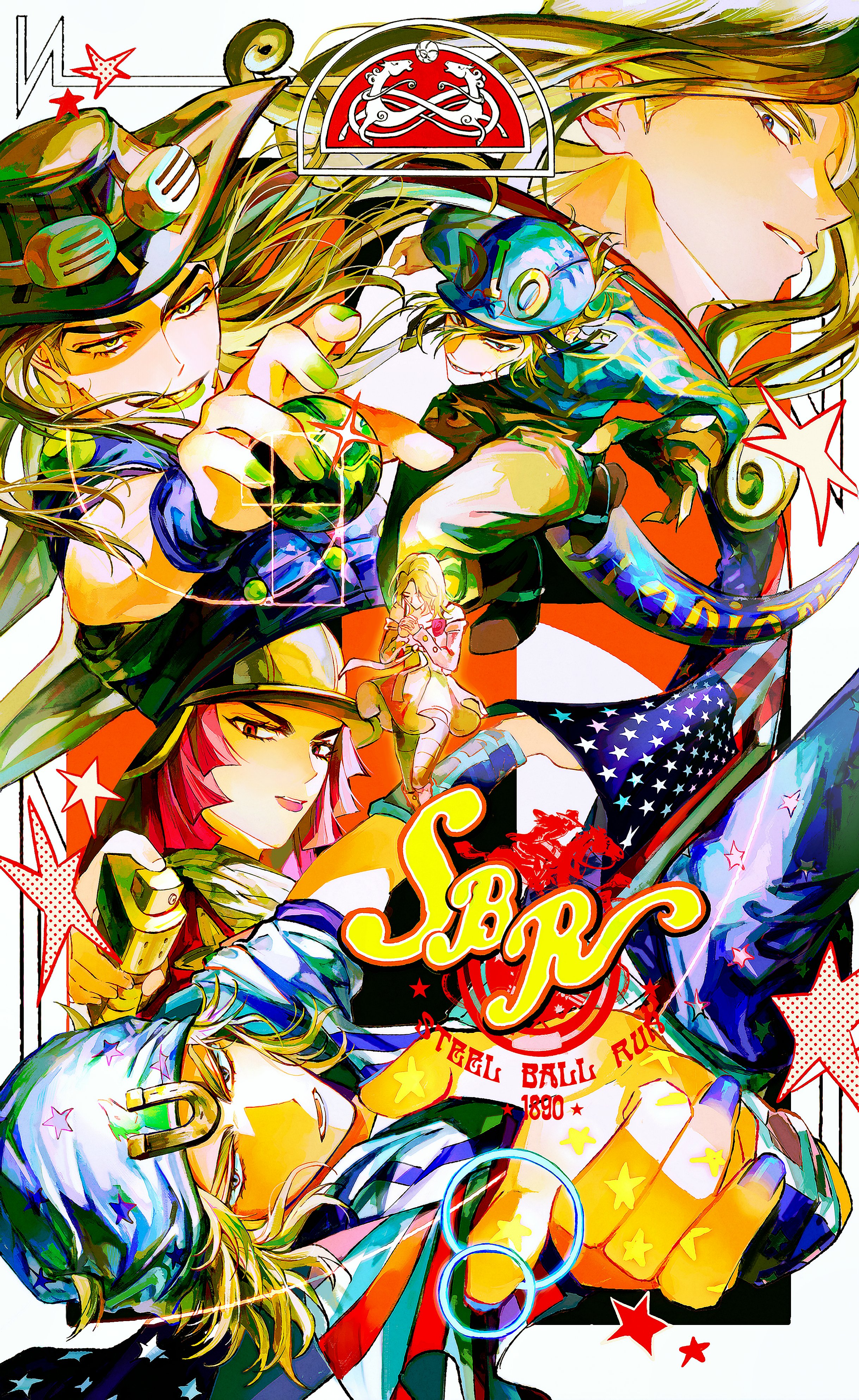 1 22sssam, diego brando, funny valentine, gyro zeppeli, hot pants (sbr), johnny joestar, lucy steel, scary monsters (stand), jojo no kimyou na bouken, steel ball run, absurdres, commentary, highres, 2girls, 4boys, american flag, argyle clothes, argyle sweater, ball, beanie, black hat, blonde hair, blue eyes, blue helmet, blue nails, blue pants, blue sweater, boots, brown boots, brown gloves, brown hair, brown hat, brown pants, cowboy hat, cracked skin, curly hair, dinosaur tail, dress, gloves, goggles, goggles on headwear, golden spiral, green eyes, green lips, green nails, hat, helmet, holding, holding ball, hood, hood down, hoodie, horseback riding, horseshoe hat ornament, horseshoe ornament, logo, long hair, long sleeves, looking at viewer, multiple boys, multiple girls, own hands together, pants, pink dress, pink eyes, pink hair, pointing, pointing at viewer, purple arm warmers, purple shirt, riding, shirt, short hair, short sleeves, smile, sparkle, stand (jojo), star (symbol), star print, steel ball (jojo), sweater, tail, white hat, white hoodie, wristband