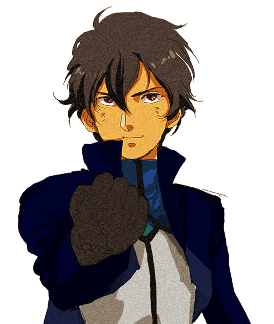hari, zigharii, setsuna f. seiei, gundam, gundam 00, bad id, bad pixiv id, 00s, 1boy, black hair, gloves, male focus, red eyes, retro artstyle, short hair, solo
