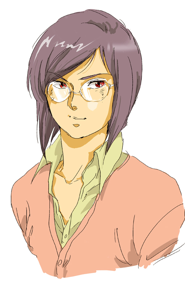 hari, zigharii, tieria erde, gundam, gundam 00, bad id, bad pixiv id, 00s, 1boy, glasses, male focus, purple hair, red eyes, retro artstyle, short hair, simple background, solo