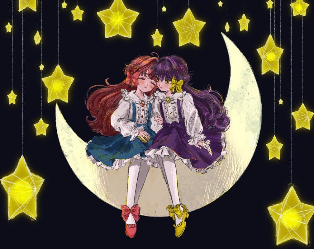 enjel, goldia die heilige, pocket mirror, artist request, third-party source, 2girls, ahoge, ankle bow, ankle ribbon, black background, blue skirt, bow, brooch, brown hair, buttons, center frills, closed mouth, collared shirt, compact (cosmetics), cosmetics, frilled footwear, frilled shirt collar, frilled skirt, frilled sleeves, frills, full body, hair between eyes, hair bow, hair intakes, heads together, high-waist skirt, high heels, holding another's arm, holding compact, jewelry, light blush, long hair, long sleeves, looking at another, medium skirt, multiple girls, on crescent, pantyhose, parted lips, pleated skirt, puffy long sleeves, puffy sleeves, pumps, purple hair, purple skirt, red bow, red shoes, ribbon, shirt, shoes, simple background, sitting, skirt, smile, star (symbol), suspender skirt, suspenders, very long hair, wavy hair, white pantyhose, white shirt, yellow bow, yellow eyes, yellow shoes