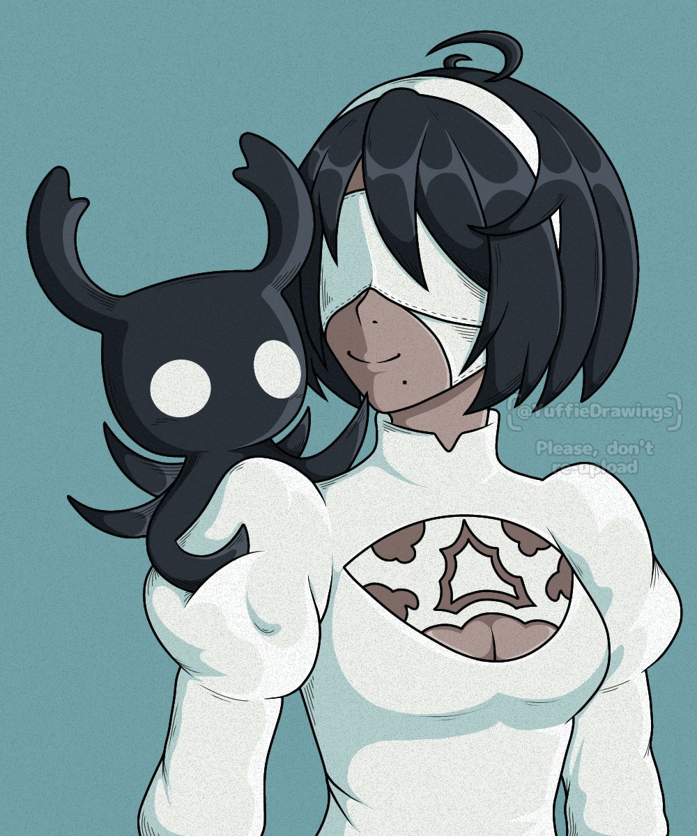 yuffie drawings, 2p (nier:automata), shade (hollow knight), hollow knight, nier:automata, nier (series), commentary, english commentary, highres, 1girl, 1other, ahoge, black hair, breasts, cleavage, cleavage cutout, clothing cutout, crossover, dark-skinned female, dark skin, film grain, hairband, juliet sleeves, long sleeves, medium breasts, mole, mole under mouth, puffy sleeves, smile, watermark, white hairband