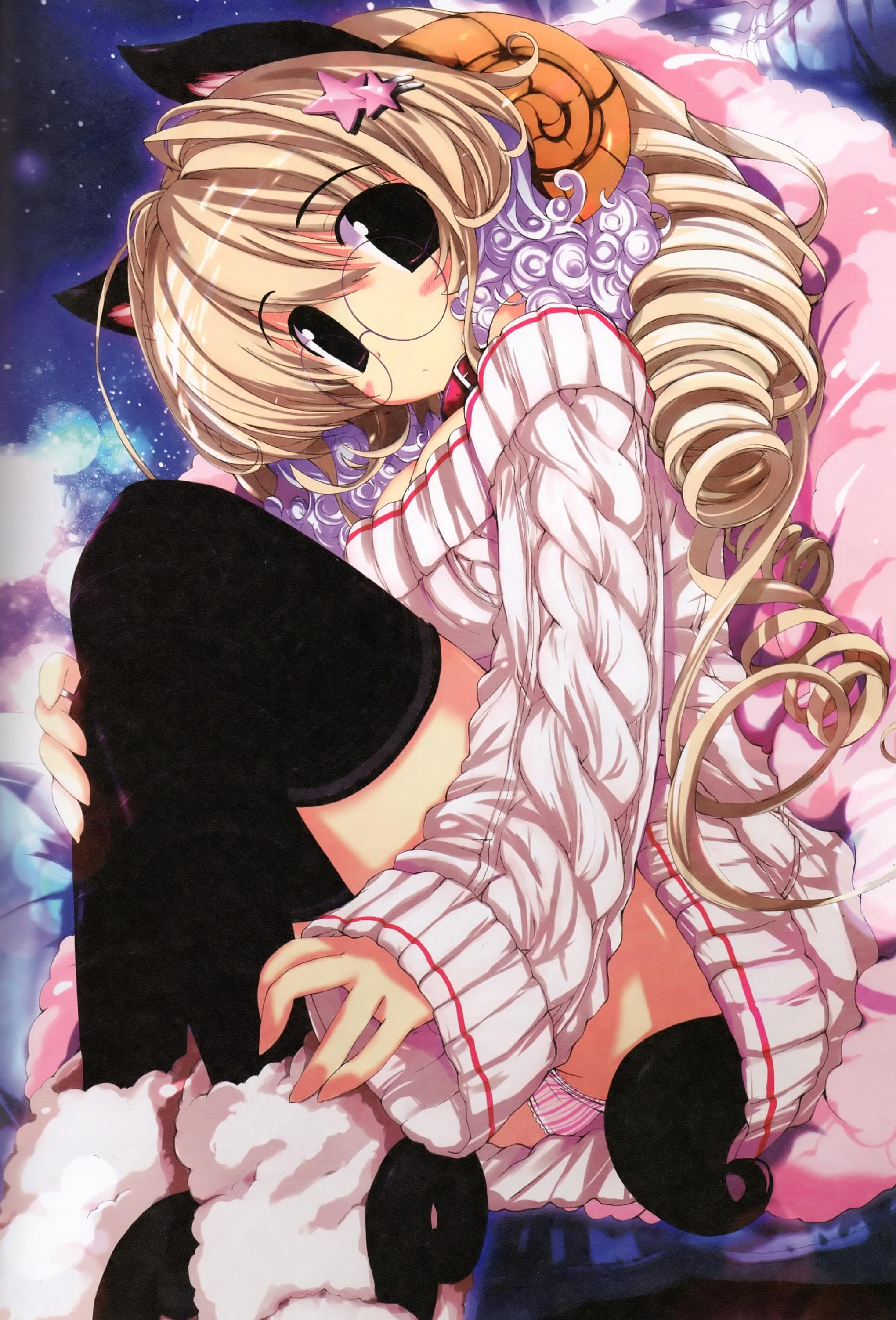 oshiki hitoshi, absurdres, highres, 1girl, animal ears, animal slippers, black eyes, blonde hair, female focus, glasses, hair ornament, hairclip, long hair, panties, sheep slippers, solo, striped clothes, striped panties, thighhighs, underwear