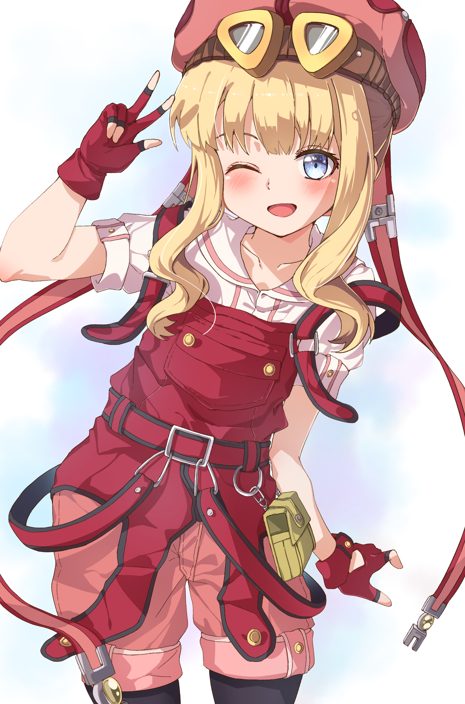 aokaly, tita russell, eiyuu densetsu, sora no kiseki, absurdres, highres, 1girl, belt pouch, blonde hair, blue eyes, blunt bangs, fingerless gloves, gloves, goggles, goggles on head, hat, looking at viewer, one eye closed, open mouth, pouch, red gloves, red hat, shorts, sidelocks, simple background, smile, solo, suspenders, two-tone background, upper body, v, white background