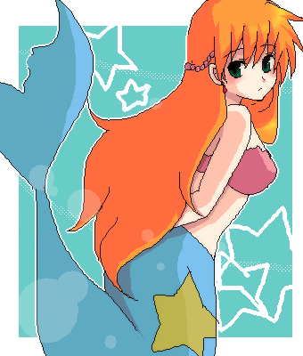 mermaid misty (pokemon), misty (pokemon), nintendo, pokemon, pokemon (anime), pokemon (classic anime), lowres, non-web source, 1girl, alternate costume, alternate hair length, alternate hairstyle, arm behind back, arms behind back, female focus, hair down, long hair, mermaid, monster girl, oekaki, orange hair, outside border, solo, very long hair