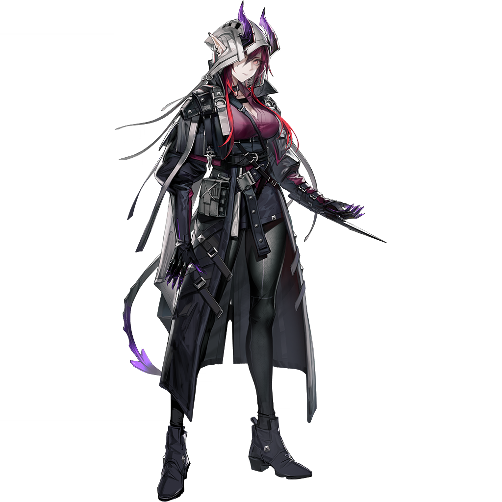 cenm0, ascalon (arknights), arknights, official art, revision, third-party source, 1girl, black pants, full body, hood, hood up, horns, long hair, looking at viewer, pants, pink eyes, pointy ears, purple hair, purple horns, purple shirt, shirt, simple background, solo, standing, tachi-e, transparent background