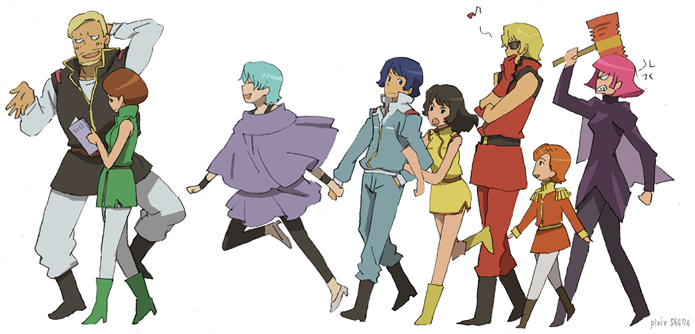 narita, char aznable, emma sheen, fa yuiry, four murasame, haman karn, henken bekkener, kamille bidan, mineva lao zabi, quattro bajeena, gundam, zeta gundam, 3boys, 5girls, black leggings, boots, green boots, hammer, leggings, multiple boys, multiple girls, pantyhose, white pantyhose