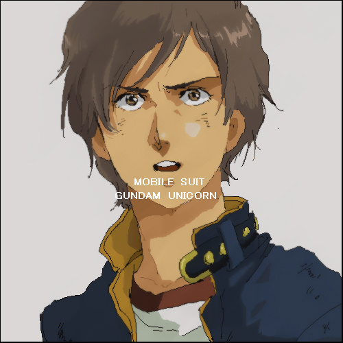 hari, zigharii, banagher links, gundam, gundam unicorn, lowres, 1boy, brown eyes, brown hair, jacket, male focus, retro artstyle, short hair, solo