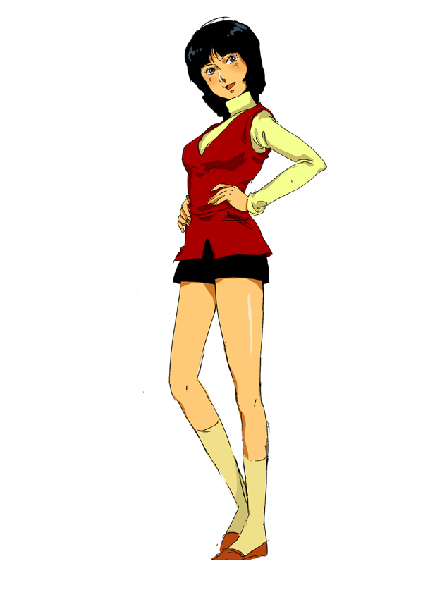 hari, zigharii, fa yuiry, gundam, zeta gundam, bad id, bad pixiv id, 1girl, black hair, female focus, retro artstyle, short hair, shorts, simple background, socks, solo, turtleneck, vest