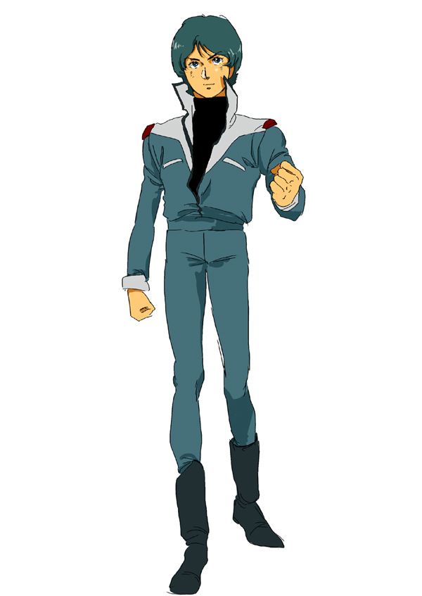 hari, zigharii, kamille bidan, gundam, zeta gundam, bad id, bad pixiv id, 1boy, blue hair, boots, male focus, retro artstyle, short hair, simple background, solo