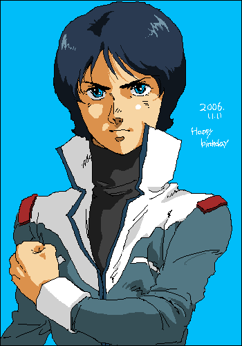 hari, zigharii, kamille bidan, gundam, zeta gundam, bad id, bad pixiv id, lowres, 1boy, blue background, blue eyes, blue hair, male focus, matching hair/eyes, oekaki, retro artstyle, simple background, solo