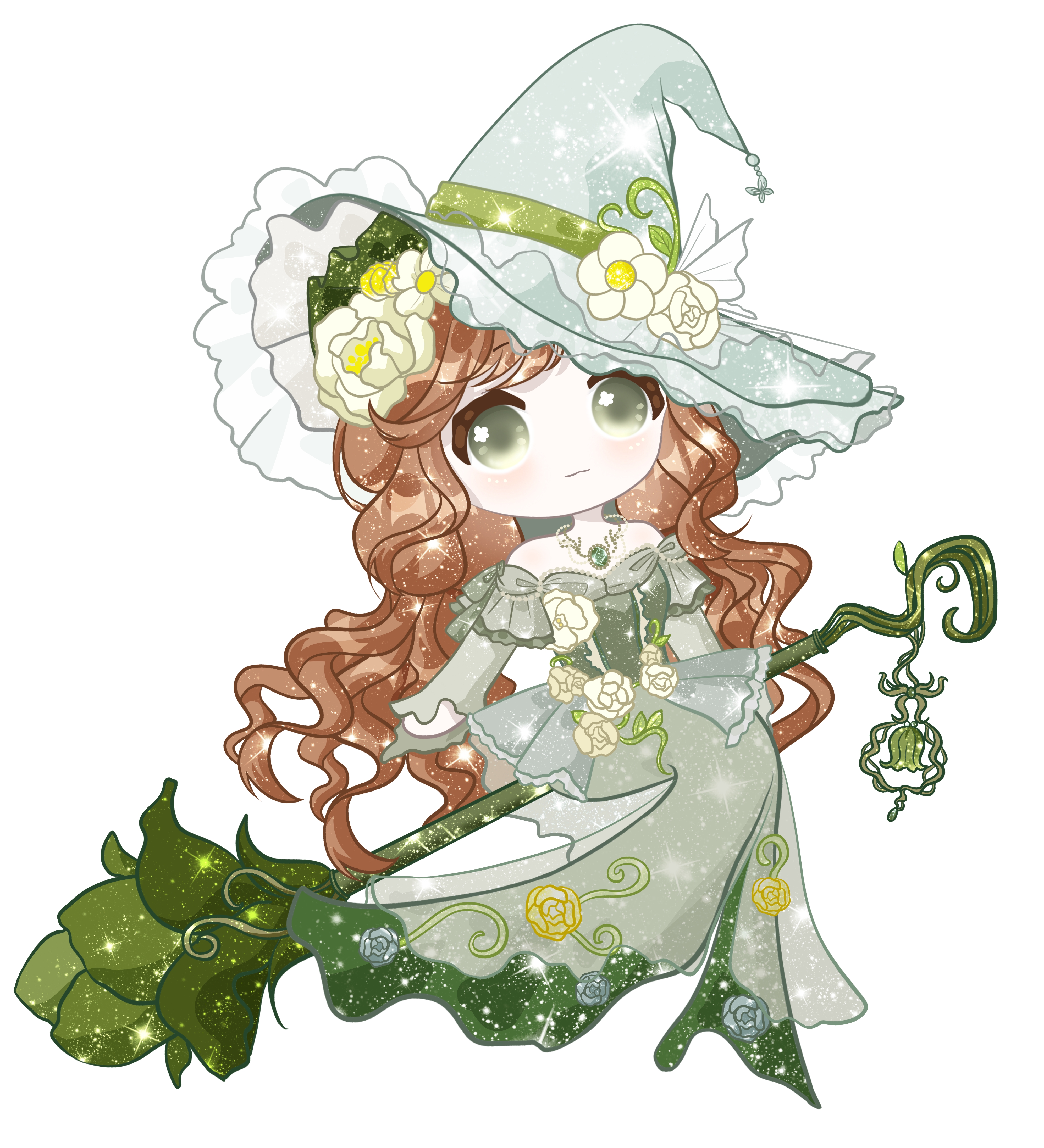zhizhizhizhizhizong, infinity nikki, nikki (series), absurdres, chinese commentary, commentary request, highres, 1girl, bare shoulders, bead necklace, beads, bow, broom, broom riding, brown hair, butterfly hat ornament, chibi, closed mouth, dress, expressionless, eyelashes, floral print, flower, flower in eye, frilled headwear, frilled sleeves, frills, gem, green bow, green dress, green eyes, green gemstone, grey hat, hair flower, hair ornament, hat, hat flower, hat ornament, jewelry, lantern, layered sleeves, light blush, long dress, long hair, long sleeves, looking at viewer, necklace, off-shoulder dress, off shoulder, print dress, rainfall & blossoms (infinity nikki), rose, rose print, short over long sleeves, short sleeves, simple background, sitting, sleeve bow, sleeves past wrists, solo, sparkle, symbol in eye, tareme, very long hair, wavy hair, white background, white flower, white rose, witch, witch hat