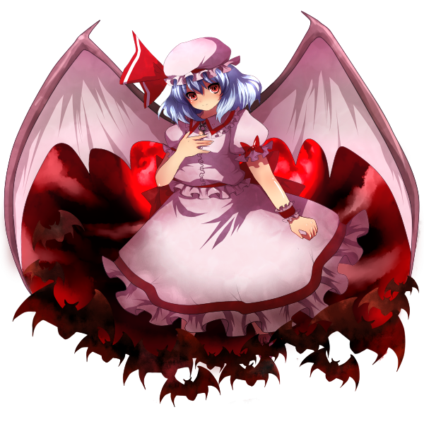 higashi yuzu, remilia scarlet, touhou, 1girl, blue hair, female focus, hat, ribbon, short hair, skirt, solo, white background, wings, yuyune (pixiv)