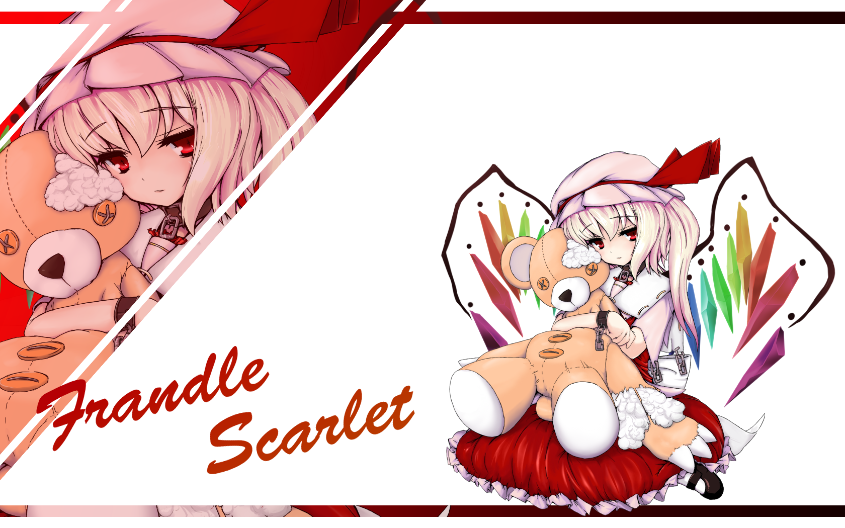 eigetu, flandre scarlet, touhou, bad id, bad pixiv id, highres, 1girl, blonde hair, bow, collar, english text, engrish text, female focus, hat, mob cap, ponytail, ranguage, red eyes, ribbon, short hair, side ponytail, solo, stuffed animal, stuffed toy, teddy bear, wings, zoom layer