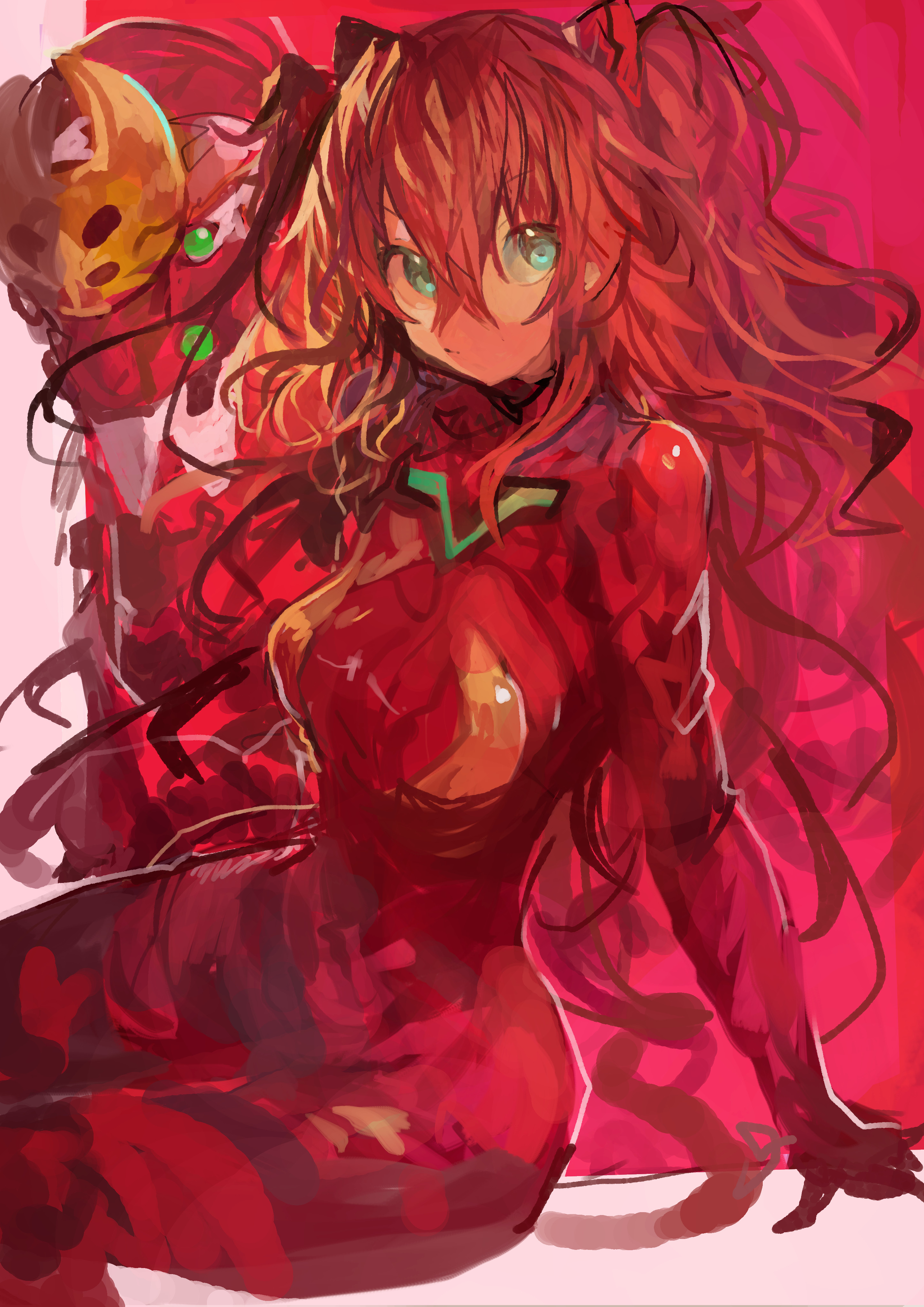 kaamin (mariarose753), eva 02, souryuu asuka langley, neon genesis evangelion, rebuild of evangelion, absurdres, commentary, highres, 1girl, blue eyes, bodysuit, breasts, brown hair, closed mouth, evangelion (mecha), hair between eyes, interface headset (evangelion), long hair, mecha, mecha pilot suit, medium breasts, plugsuit (evangelion), red hair, robot, simple background, sitting, two side up