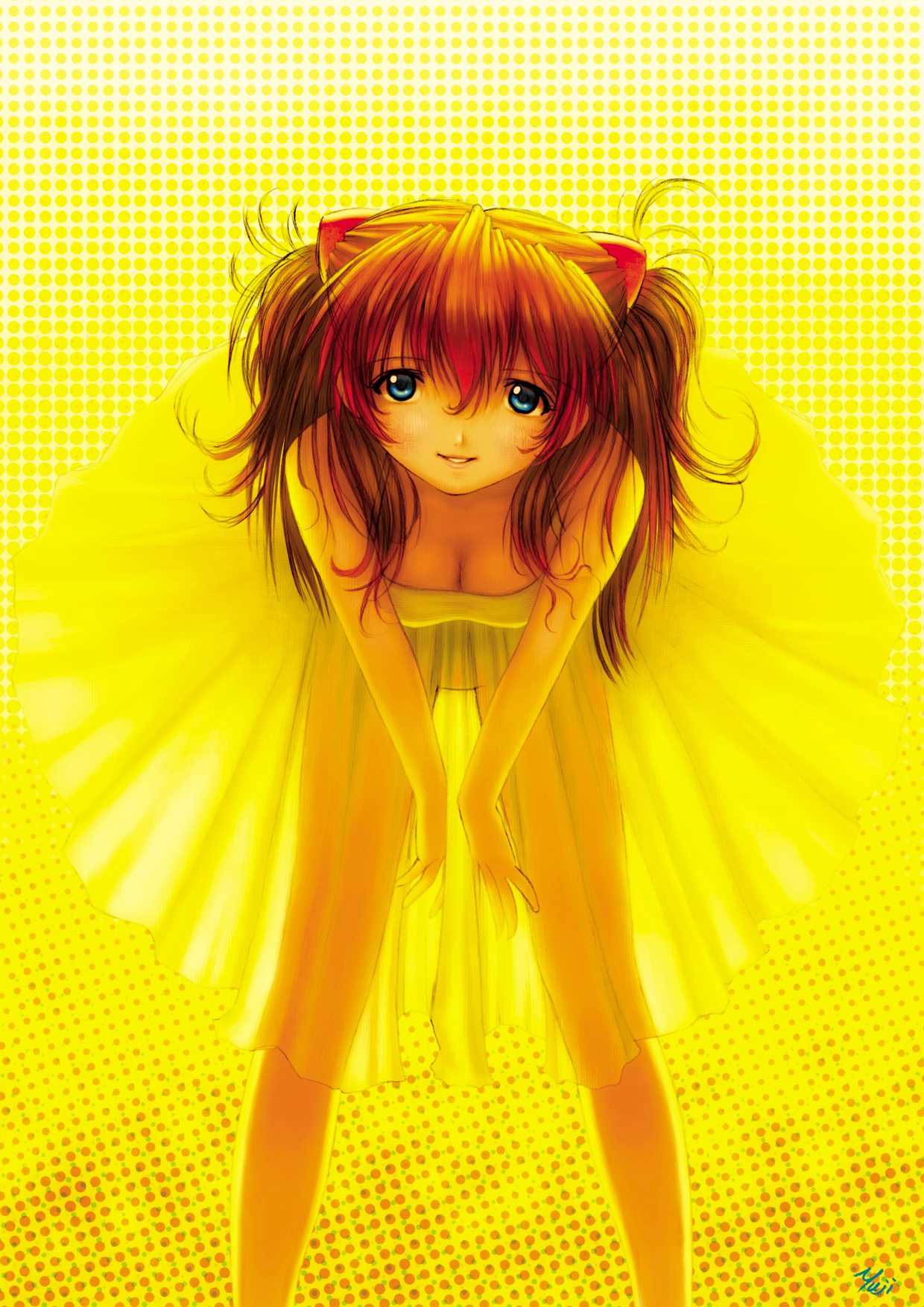 kobayashi yuji, souryuu asuka langley, neon genesis evangelion, highres, scan, 1girl, artist name, bent over, blue eyes, breasts, cleavage, dress, female focus, hair ornament, long hair, looking at viewer, medium breasts, no panties, red hair, see-through clothes, smile, solo, twintails, two side up, yellow background, yellow dress, yellow theme
