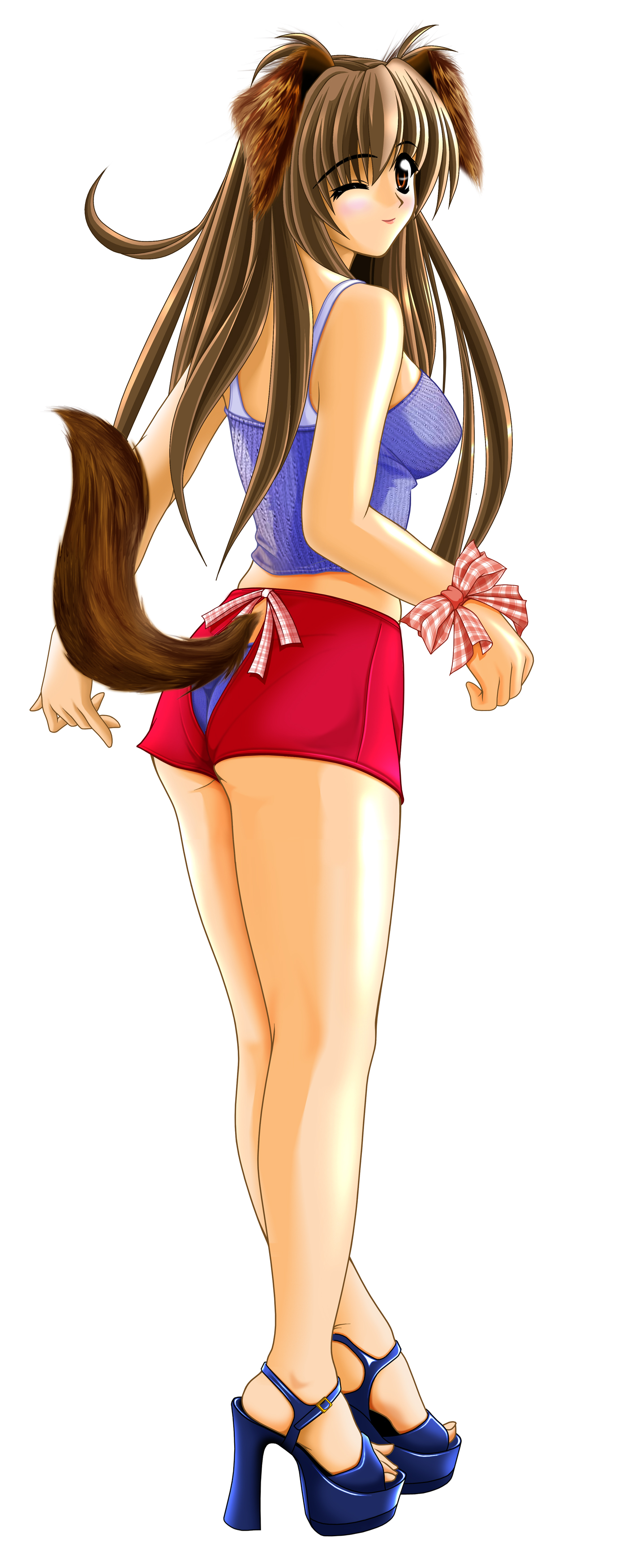 tomoya kankurou, platform footwear, absurdres, highres, long image, tall image, 1girl, animal ears, bow, brown eyes, brown hair, female focus, high heels, long hair, one eye closed, platform heels, platform shoes, shoes, solo, tail, wink