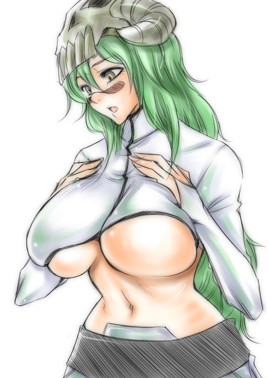 dunga, nelliel tu odelschwanck, tier harribel, bleach, 1girl, arrancar, breast suppress, breasts, cosplay, facial mark, female focus, green hair, hollow (bleach), huge breasts, long hair, navel, number tattoo, skull, solo, tattoo, tier harribel (cosplay), underboob, yellow eyes