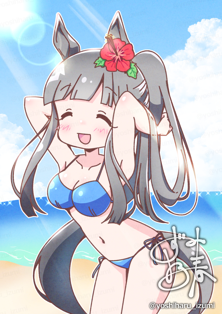 yoshiharu izumi, chrono genesis (umamusume), umamusume, commentary request, 1girl, alternate costume, alternate hairstyle, animal ears, arms up, bikini, blunt bangs, blush, breasts, cleavage, closed eyes, collarbone, grey hair, hair between eyes, hair ornament, horse ears, horse girl, horse tail, lens flare, long hair, navel, ocean, open mouth, ponytail, signature, sky, small breasts, solo, swimsuit, tail, water