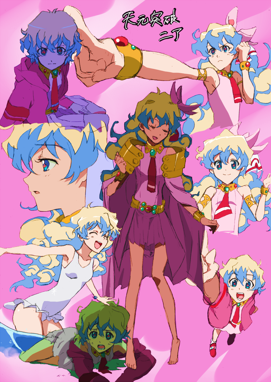 bikke, hikke (kaji0927), nia teppelin, tengen toppa gurren lagann, bad id, bad pixiv id, highres, 00s, 1girl, alternate hairstyle, armlet, barefoot, belt, bracelet, cape, casual one-piece swimsuit, curly hair, dress, flower, hair flower, hair ornament, jacket, jewelry, long hair, multicolored hair, necktie, one-piece swimsuit, pink dress, pink skirt, short hair, skirt, sleeveless, swimsuit
