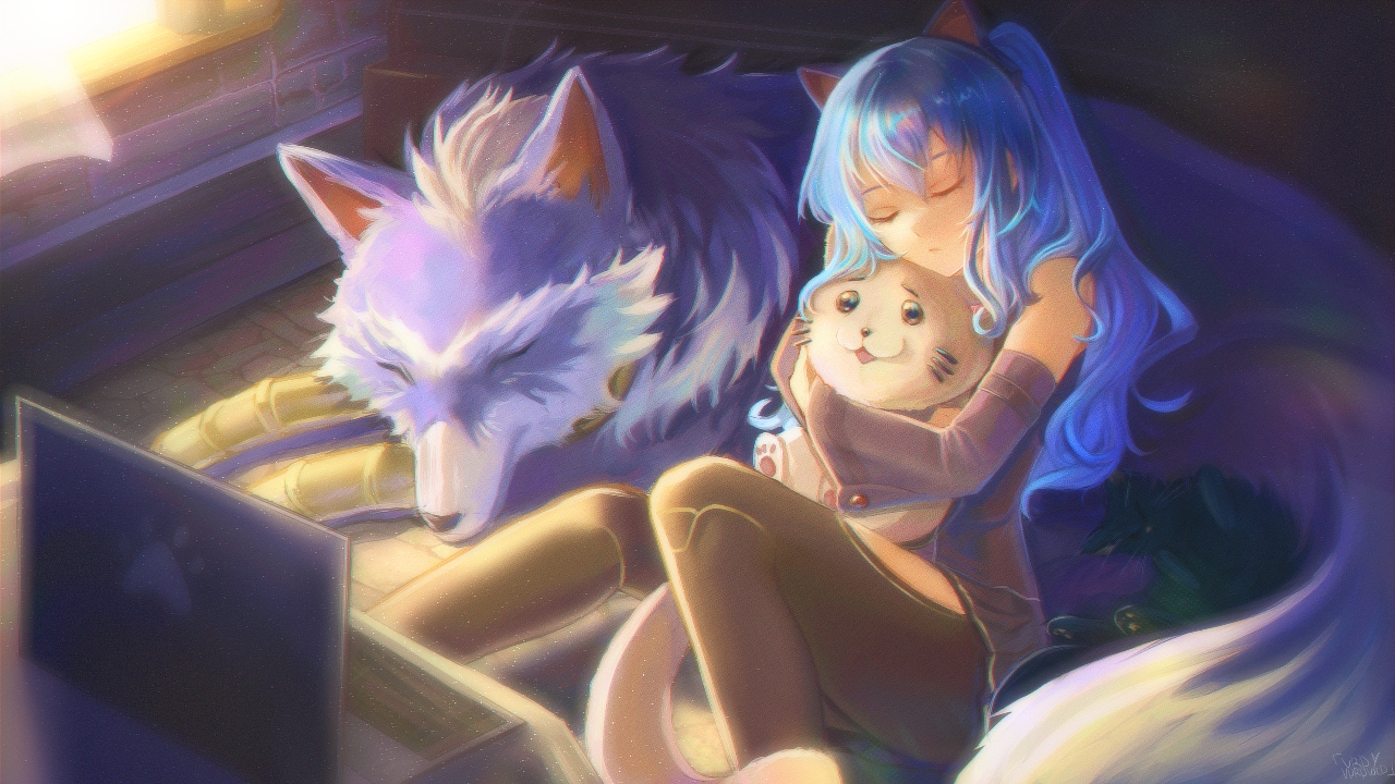 mishy, tio plato, zeit, ao no kiseki, eiyuu densetsu, zero no kiseki, commentary, english commentary, 1girl, 1other, animal ear hairband, animal ears, bare shoulders, black thighhighs, blue hair, cat ear hairband, cat ears, closed eyes, clothing cutout, curtains, detached sleeves, dog, fake animal ears, hairband, hug, hugging object, indoors, long hair, on bed, sidelocks, sleeping, stuffed animal, stuffed cat, stuffed toy, thigh cutout, thighhighs, twintails, vordvord, window