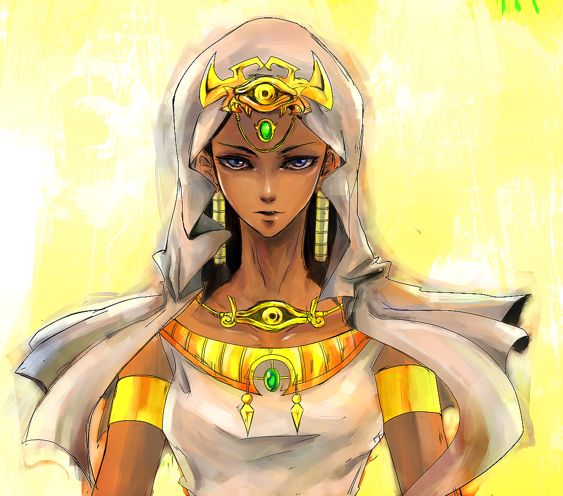 bikke, hikke (kaji0927), ishizu ishtar, yu-gi-oh!, yu-gi-oh! duel monsters, bad id, bad pixiv id, 1girl, ancient egyptian, brown hair, dark-skinned female, dark skin, female focus, jewelry, purple eyes, solo, tan