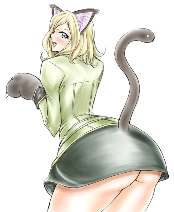 dunga, milly ashford, code geass, 00s, animal ears, animal hands, ass, blonde hair, blue eyes, cat ears, cat tail, fang, looking back, no panties, short hair, solo, tail