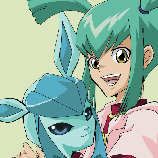 bikke, hikke (kaji0927), glaceon, luca (yu-gi-oh!), nintendo, pokemon, yu-gi-oh!, yu-gi-oh! 5d's, bad id, bad pixiv id, 00s, 1girl, crossover, gen 4 pokemon, green hair, pokemon (creature), smile, yellow eyes