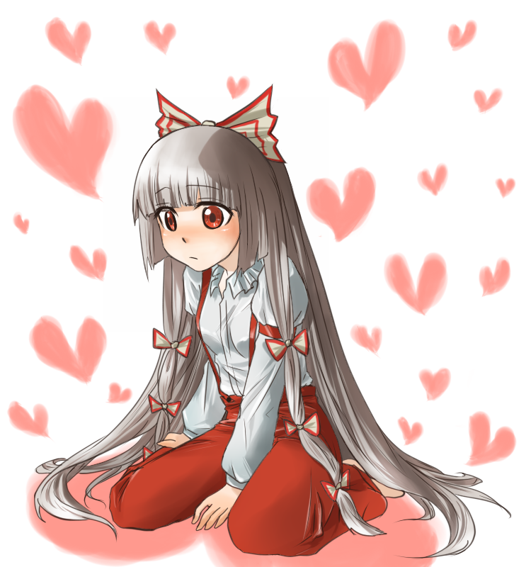 makirio, fujiwara no mokou, touhou, silver hair, bad id, bad pixiv id, 1girl, blush, female focus, full body, heart, long hair, ribbon, sitting, solo, white background