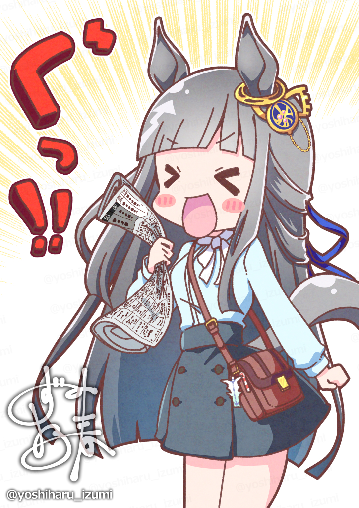 yoshiharu izumi, chrono genesis (casual) (umamusume), chrono genesis (umamusume), umamusume, commentary request, > <, 1girl, animal ears, bag, blunt bangs, blush, blush stickers, breasts, casual, clenched hands, closed mouth, grey hair, hair between eyes, hair ornament, holding, holding newspaper, horse ears, horse girl, horse tail, newspaper, satchel, simple background, solo, tail
