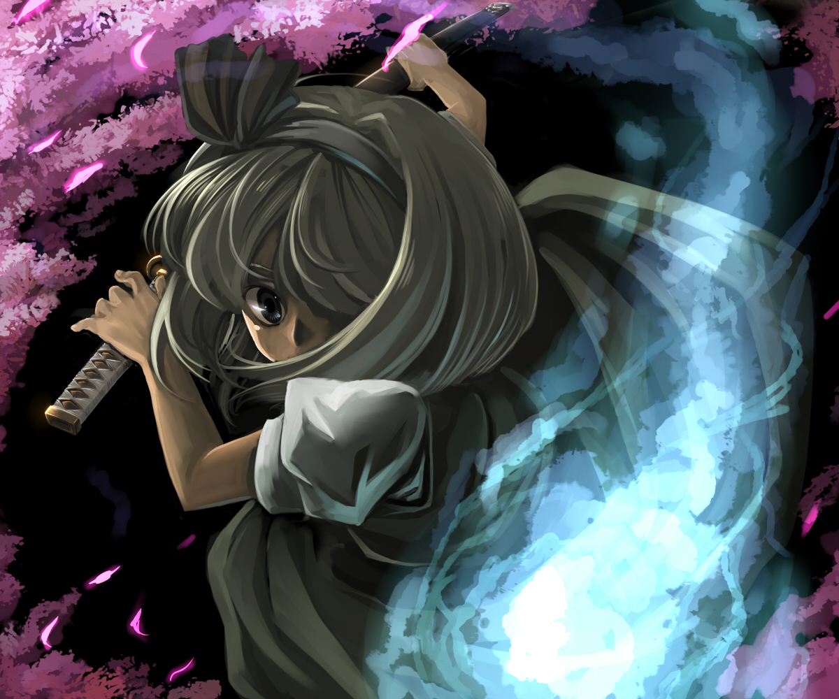 aaru (tenrake chaya), konpaku youmu, konpaku youmu (ghost), touhou, silver hair, 1girl, female focus, fighting stance, ghost, hair over one eye, katana, outdoors, ready to draw, ribbon, short hair, solo, sword, weapon