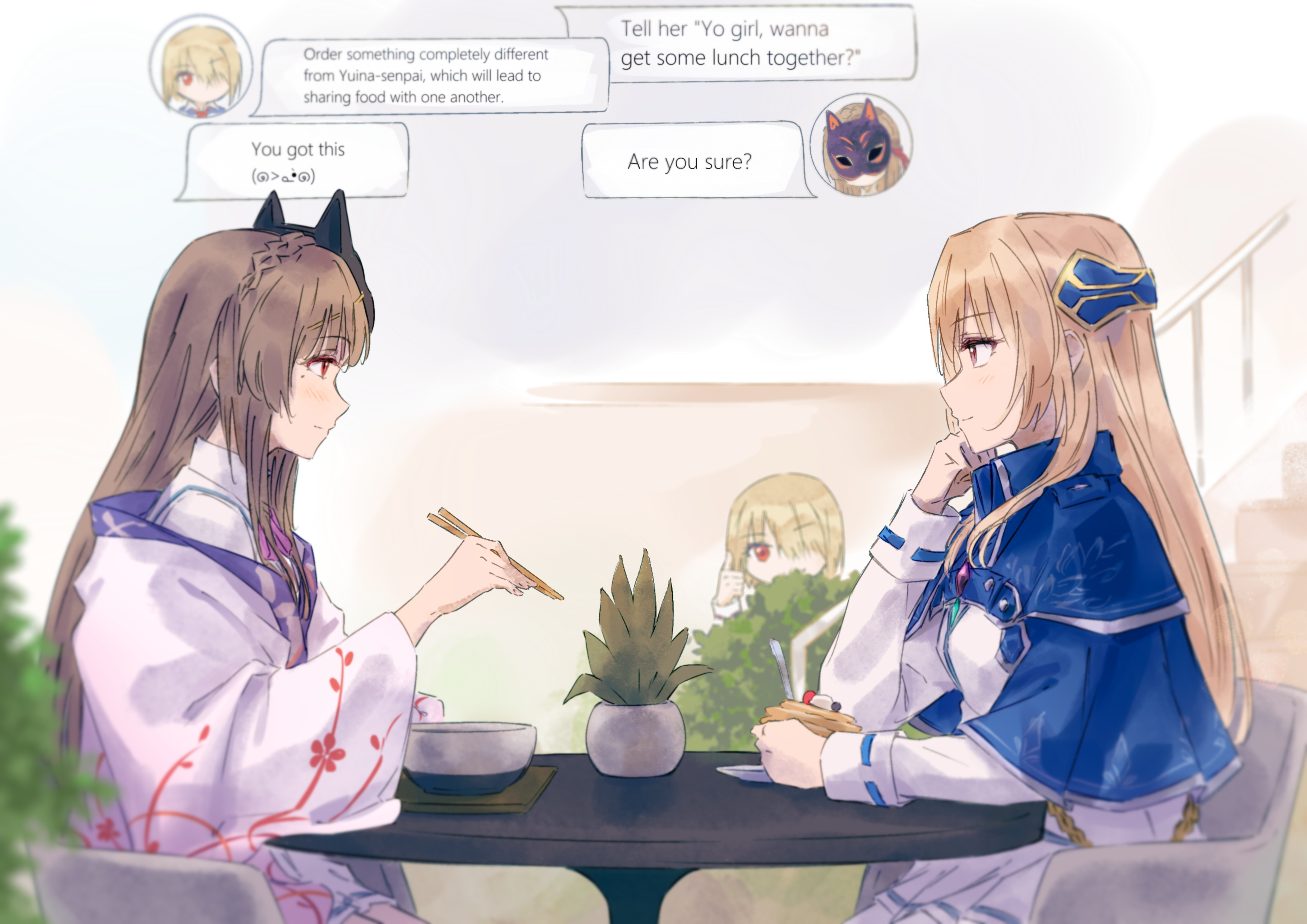raito taisha, kayamori ruka, kiryuu miya, shirakawa yuina, heaven burns red, absurdres, highres, 3girls, blonde hair, braid, brown hair, chopsticks, english text, from side, hiding, holding, holding chopsticks, long hair, multiple girls, sitting, table