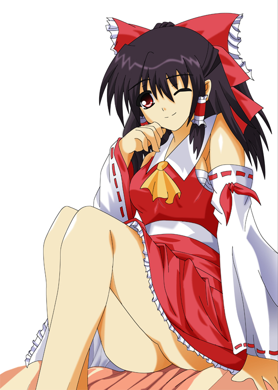asu, hakurei reimu, touhou, 1girl, bow, detached sleeves, dress, female focus, hair bow, hair ornament, hair ribbon, hair tubes, japanese clothes, miko, no panties, one eye closed, purple hair, red eyes, ribbon, sarashi, simple background, sitting, smile, solo, upskirt, white background, wink