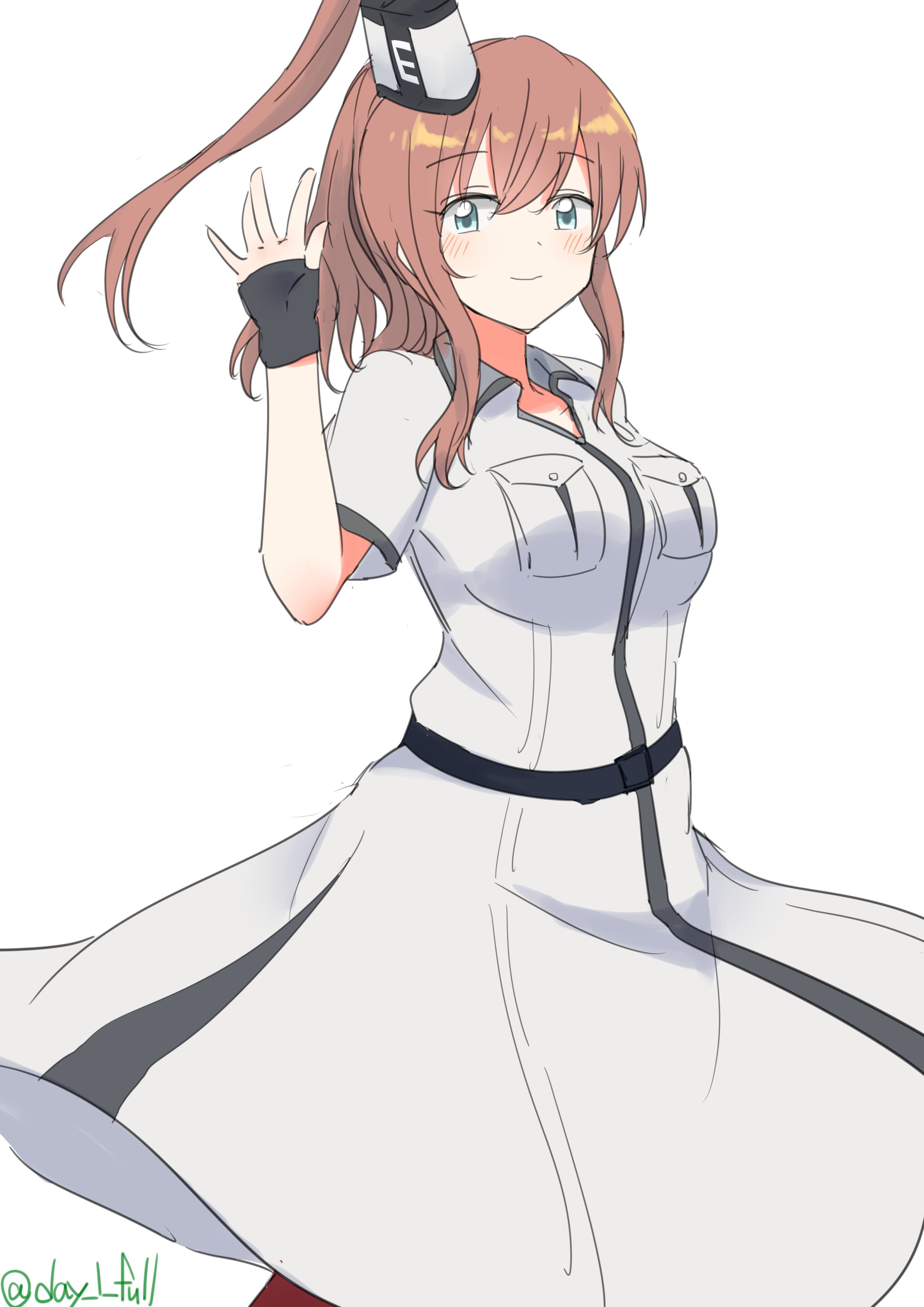 robinson (day l full), saratoga (kancolle), saratoga mk ii (kancolle), kantai collection, absurdres, highres, 1girl, breast pocket, brown hair, dress, grey eyes, high side ponytail, long hair, looking at viewer, one-hour drawing challenge, pocket, ponytail, side ponytail, sidelocks, simple background, smile, smokestack hair ornament, solo, twitter username, waving, white background, white dress
