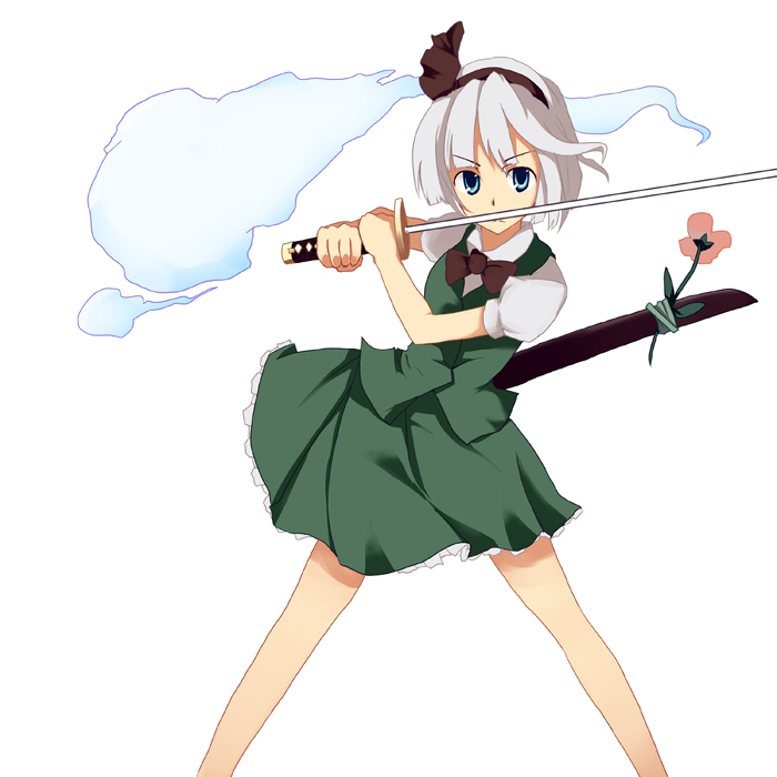 mie haru, mieharu, konpaku youmu, konpaku youmu (ghost), touhou, silver hair, 1girl, female focus, ghost, hairband, hitodama, katana, school uniform, serafuku, short hair, solo, sword, weapon