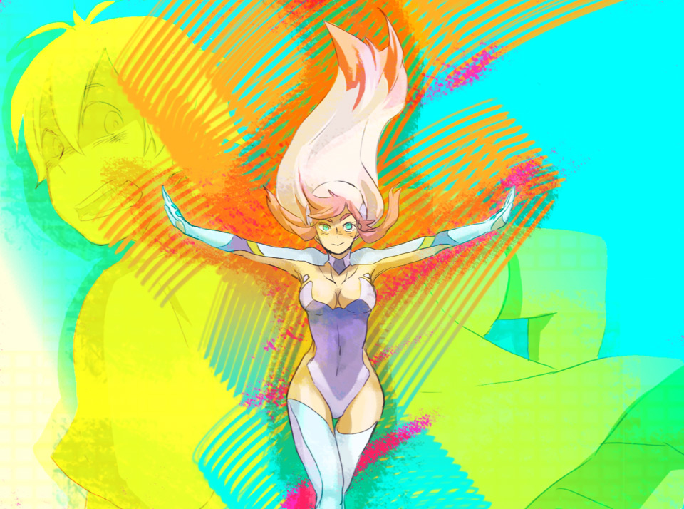 hoshitsu, birdy cephon altera, senkawa tsutomu, tetsuwan birdy, tetsuwan birdy decode, bad id, bad pixiv id, 00s, 1boy, 1girl, boots, breasts, cleavage, colored bangs, colorful, curvy, gloves, large breasts, leotard, long hair, pink hair, solo focus, thigh boots, thighhighs