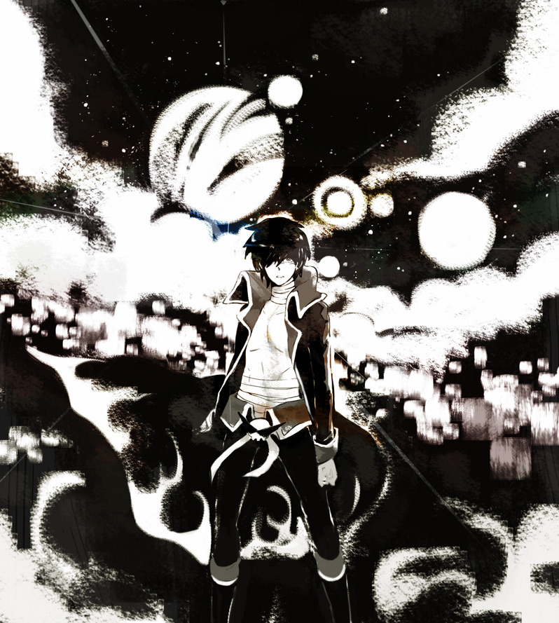 hoshitsu, garlock simon, simon (ttgl), tengen toppa gurren lagann, bad id, bad pixiv id, 00s, 1boy, bandages, black hair, coat, male focus, monochrome, outdoors, sarashi, short hair, sky, solo, spot color, trench coat